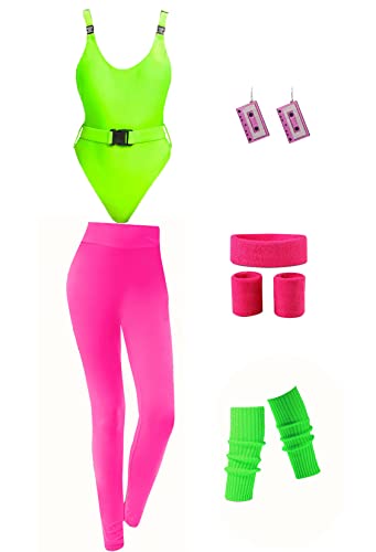 Refreedom Womens 80s Workout Costume Outfit 80s Accessories Set Leotard  Neon Legging Earring Leg Warmers Headband Wristbands lets get physical  Pink2 S
