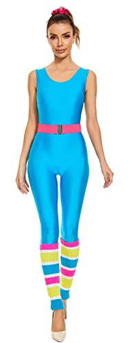 Refreedom Womens 80s Workout Costume Outfit Barbie Costume For Women Leotard Set Blue Rompers S