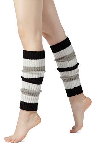 Refreedom Women Juniors Neon Ribbed Leg Warmers for 80s Eighty's Party Sports (OneSize, Black white gray)